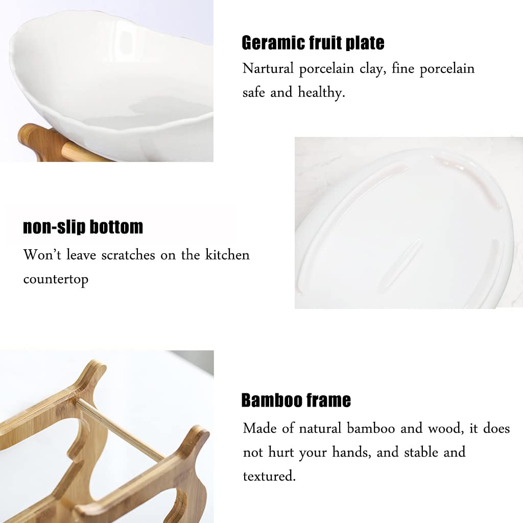 3 Tier Ceramic Fruit Bowl with Bamboo Stand White Y264986