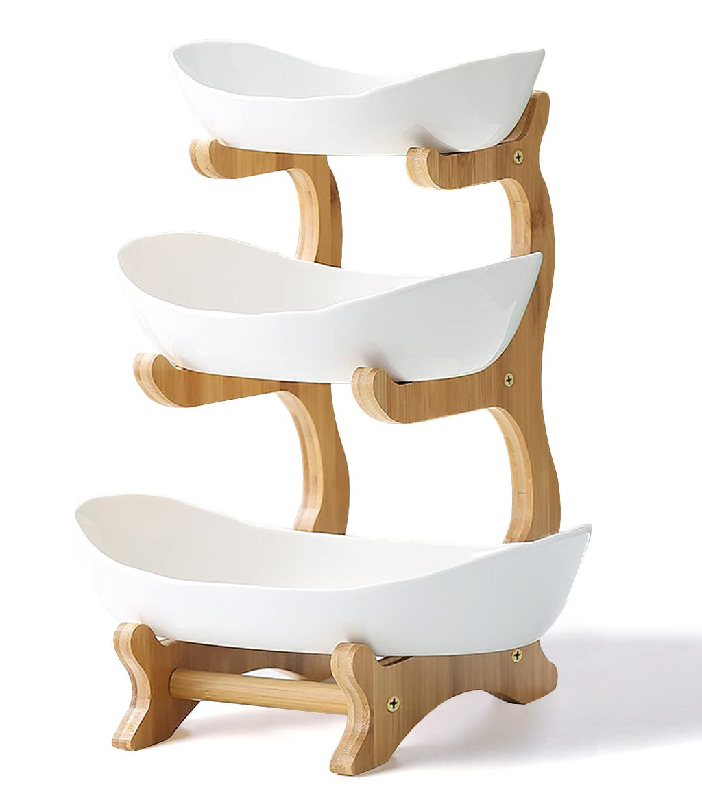 3 Tier Ceramic Fruit Bowl with Bamboo Stand White Y264986