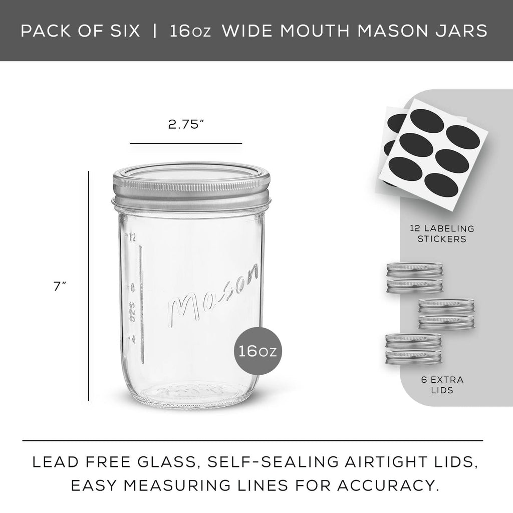16 Oz 6-Pack Wide Mouth Glass Mason Jars with Lids D6270