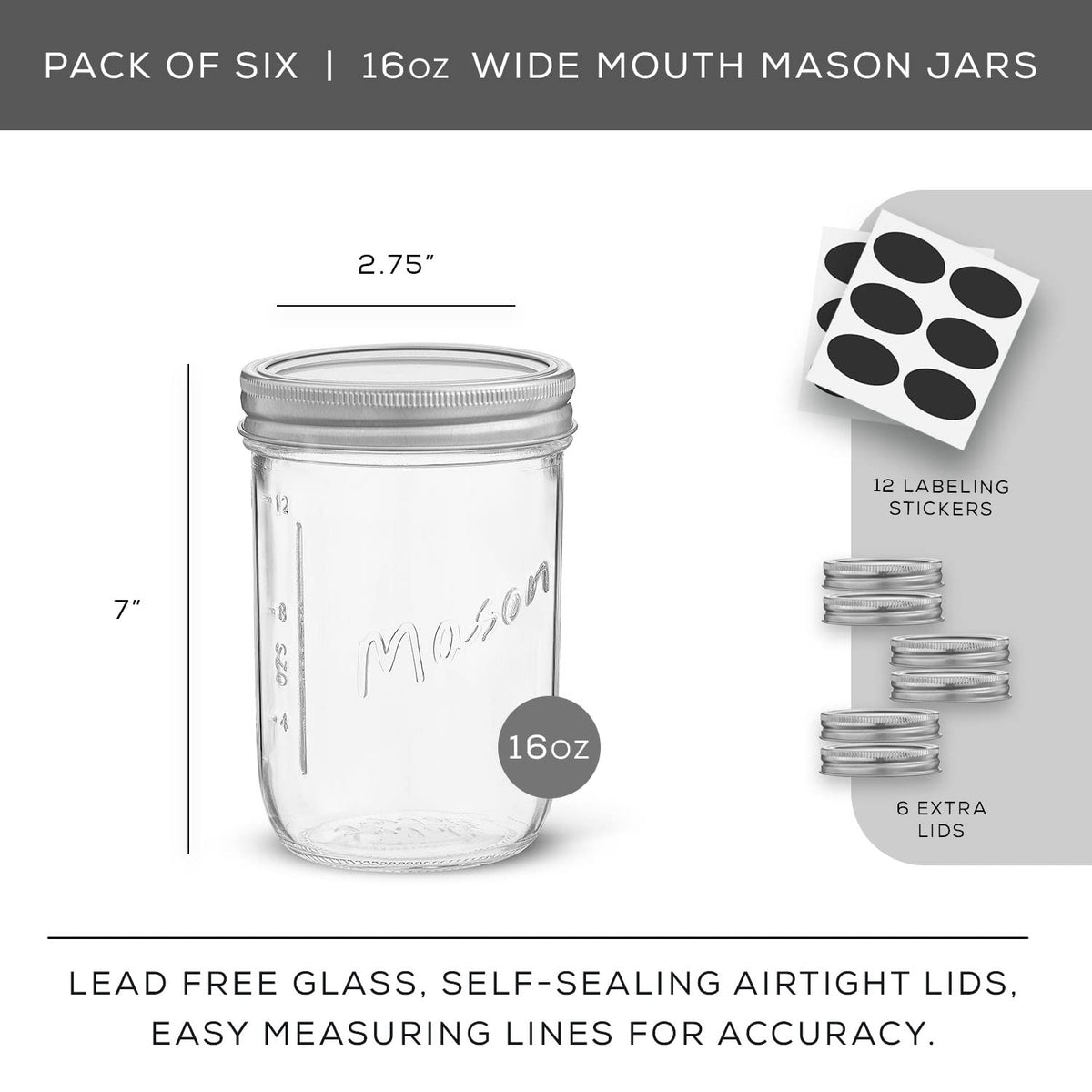 16 Oz 6-Pack Wide Mouth Glass Mason Jars with Lids D6270