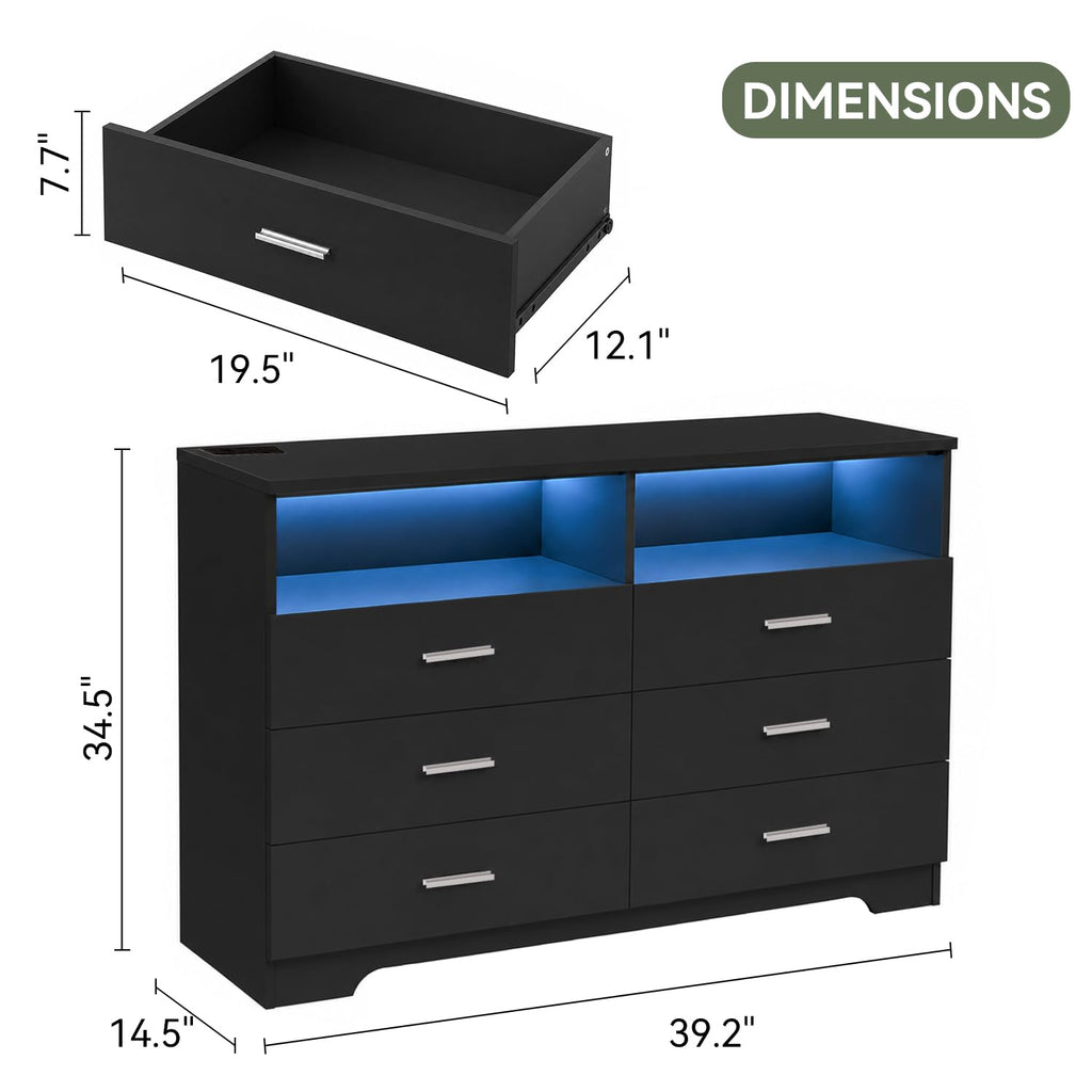 Black 6 Drawer Wood Dresser with Power Outlets B21583