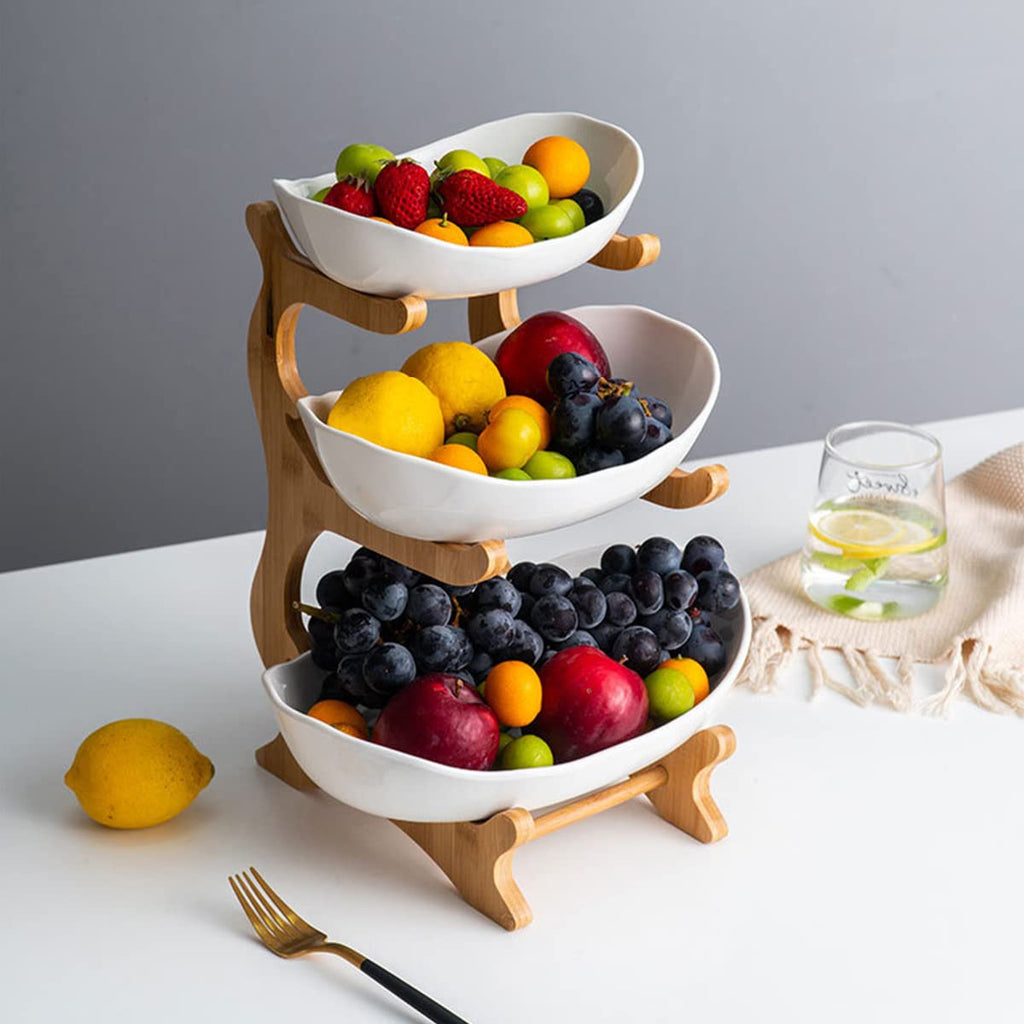 3 Tier Ceramic Fruit Bowl with Bamboo Stand White Y264986