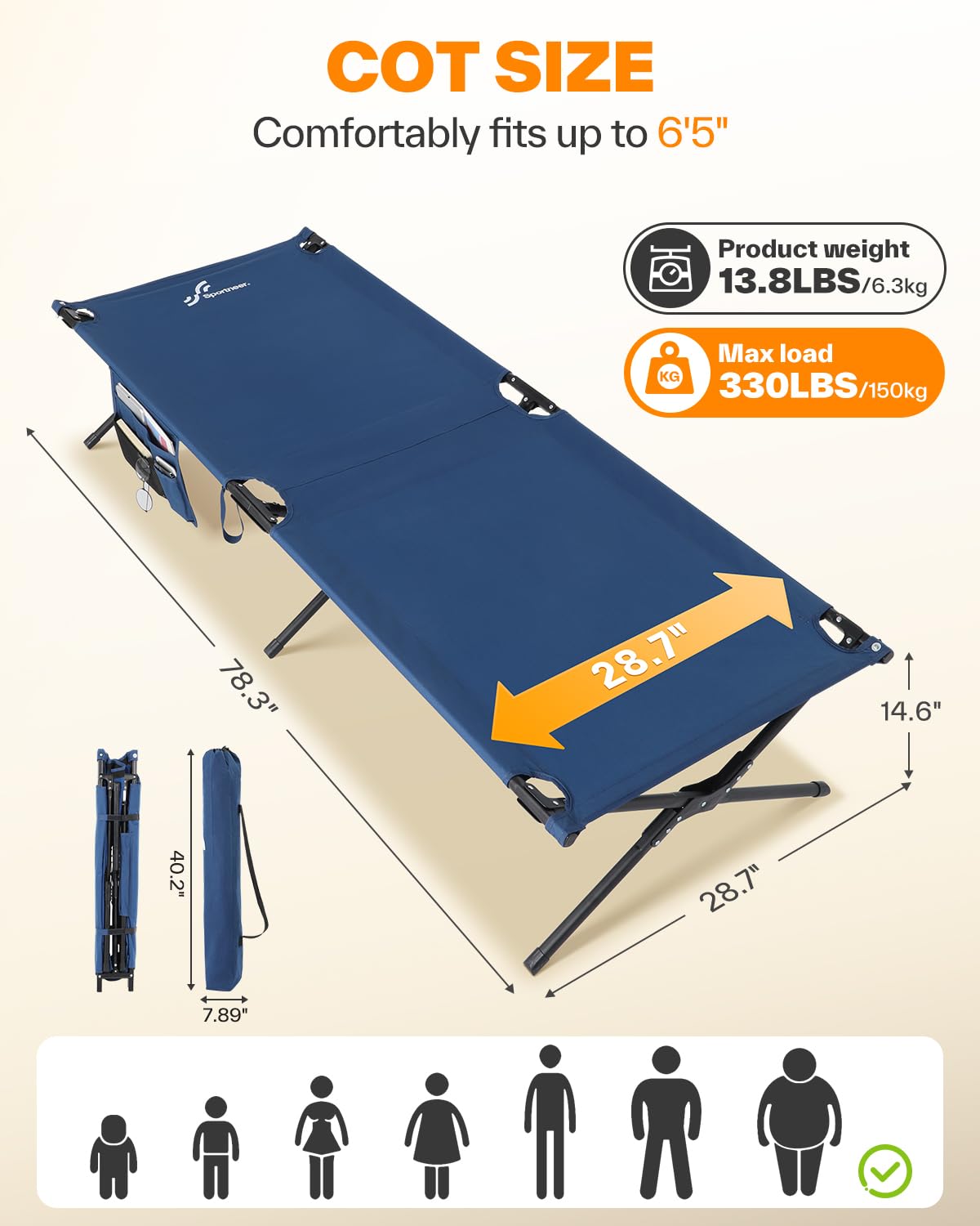 Camping Cot 78.3"x28.7"x14.6" Heavy Duty Folding Bed Support 330 Lbs U719756
