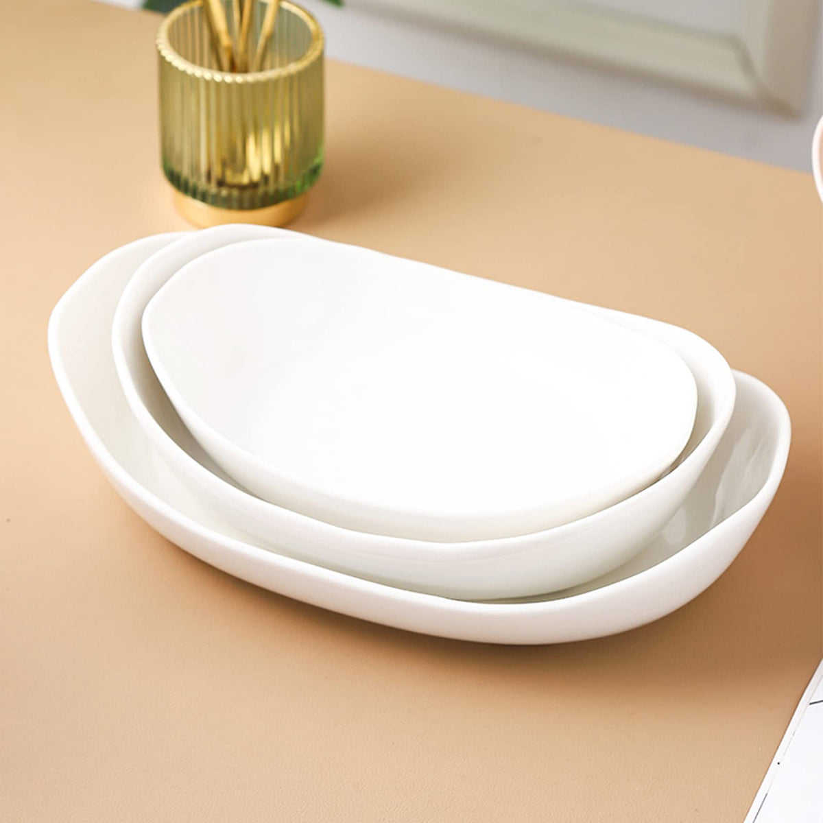 3 Tier Ceramic Fruit Bowl with Bamboo Stand White Y264986