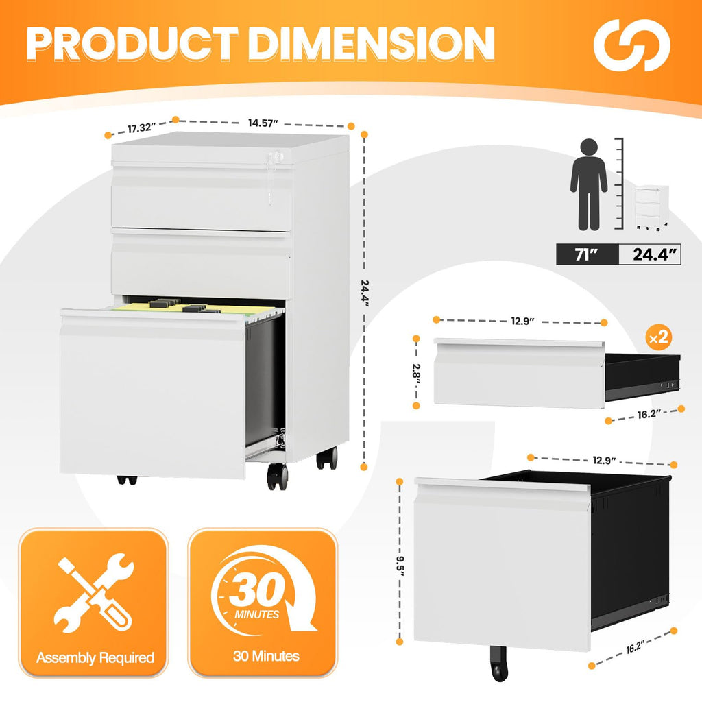3 Drawer White Metal Mobile File Cabinet with Lock O854