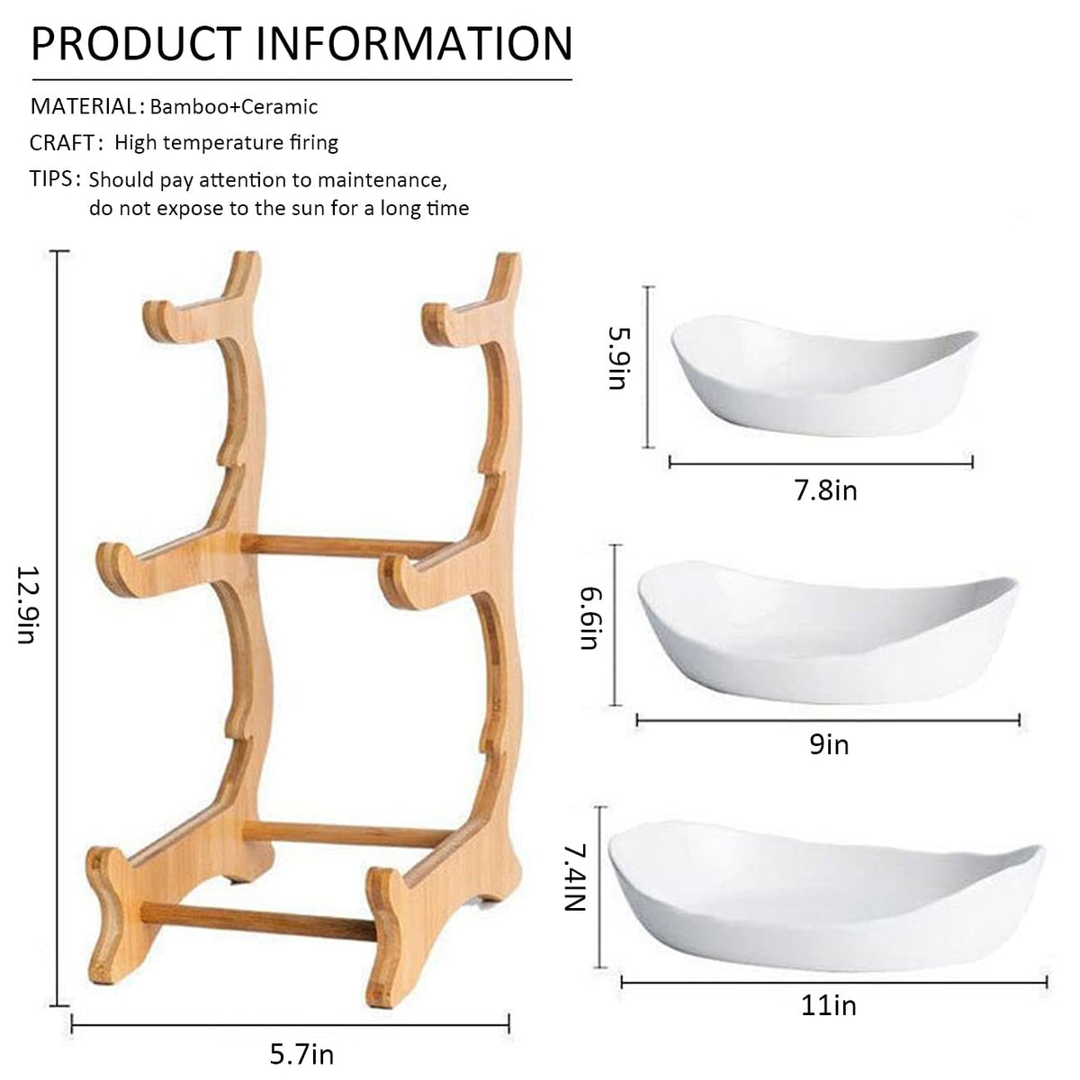 3 Tier Ceramic Fruit Bowl with Bamboo Stand White Y264986