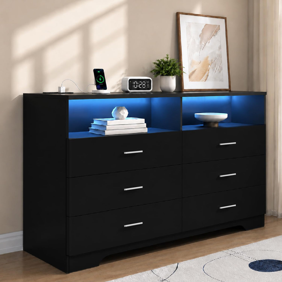 Black 6 Drawer Wood Dresser with Power Outlets B21583
