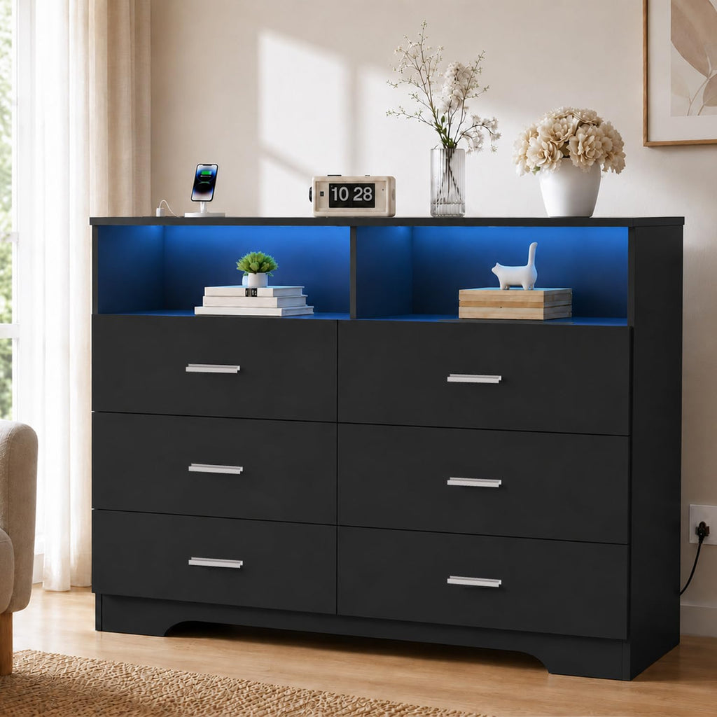 Black 6 Drawer Wood Dresser with Power Outlets B21583