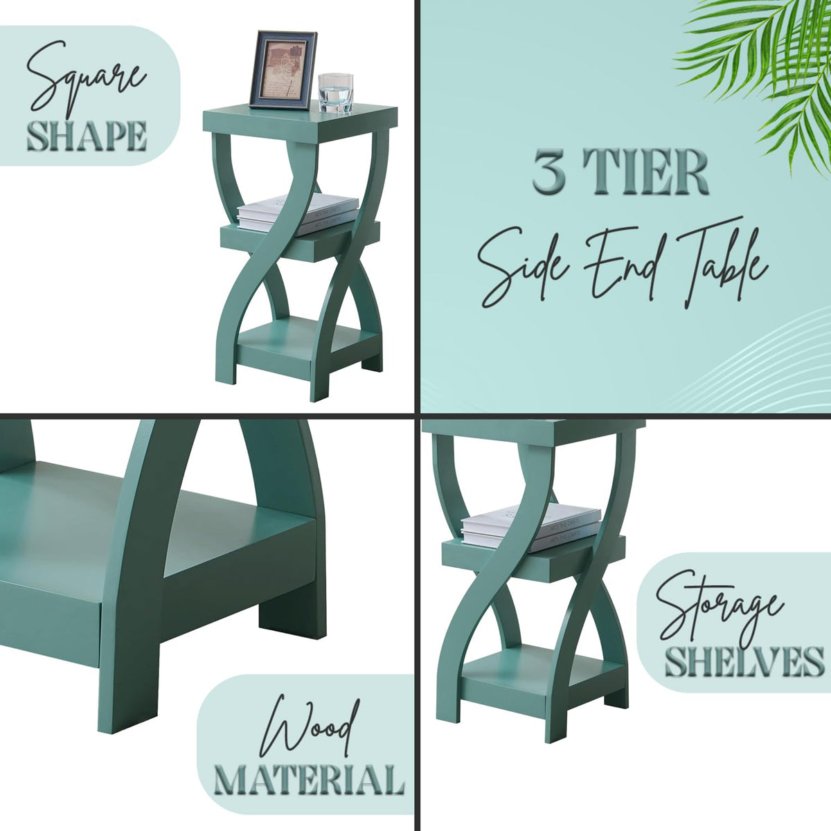 3-Tier Twisted Wood End Table with Open Storage Shelves M3887