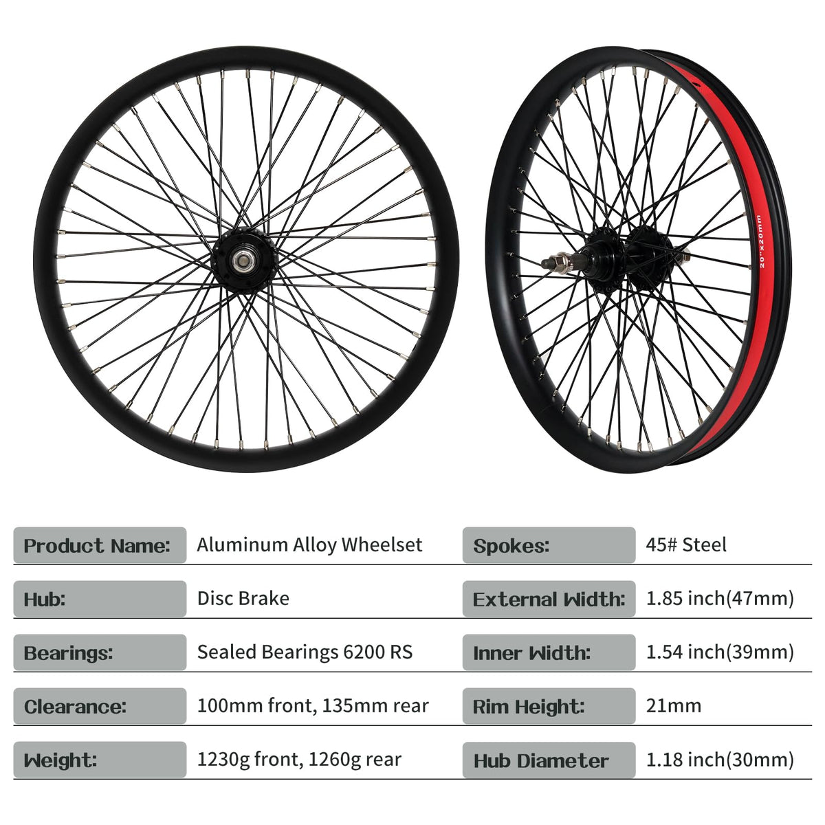 20"/26" Heavy Duty Bike Wheelset, Front and Rear, 12 Gauge 48 Spokes, Double Wall Aluminum Alloy Disc Brake MTB D94709