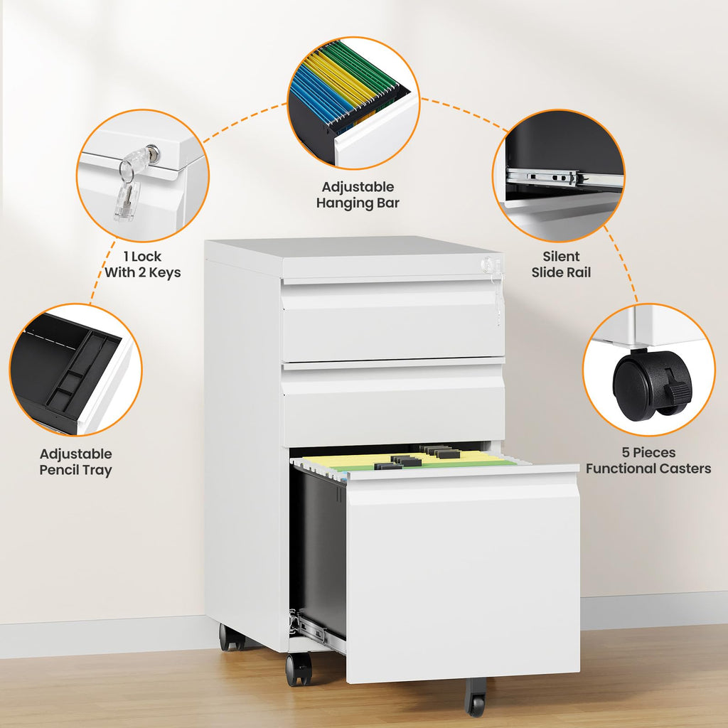 3 Drawer White Metal Mobile File Cabinet with Lock O854