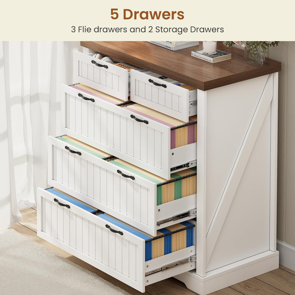 White and Brown 5 Drawer Wood File Cabinet N75749