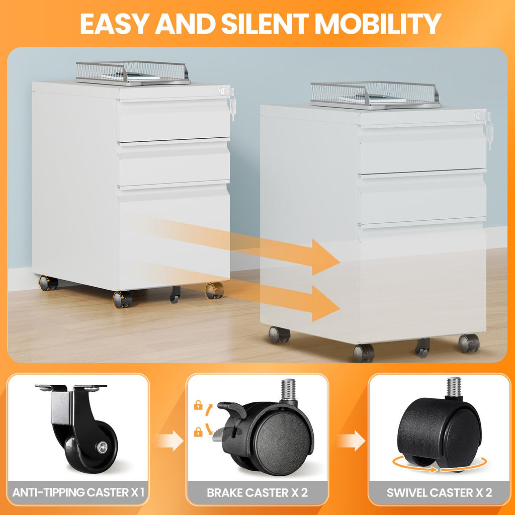 3 Drawer White Metal Mobile File Cabinet with Lock O854