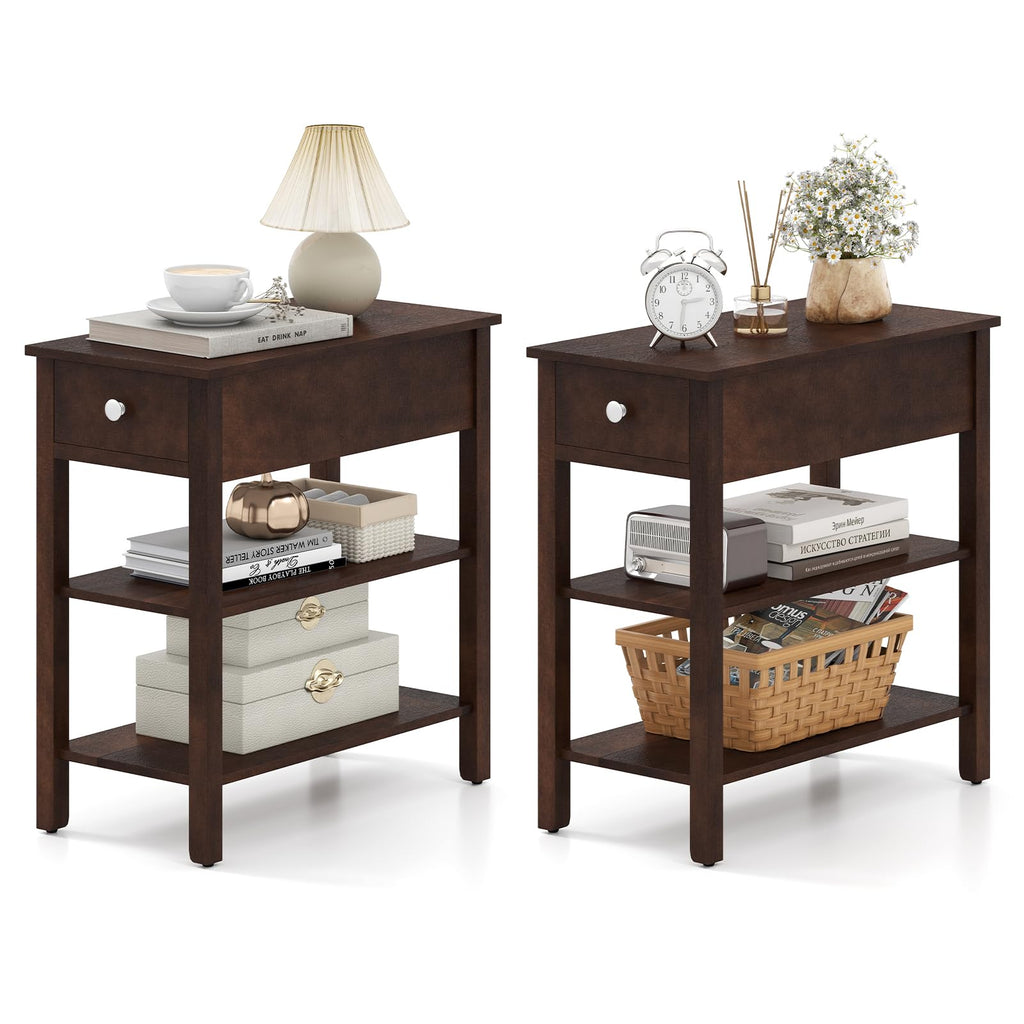 Narrow End Table Set of 2 Wood 3-Tier A743285