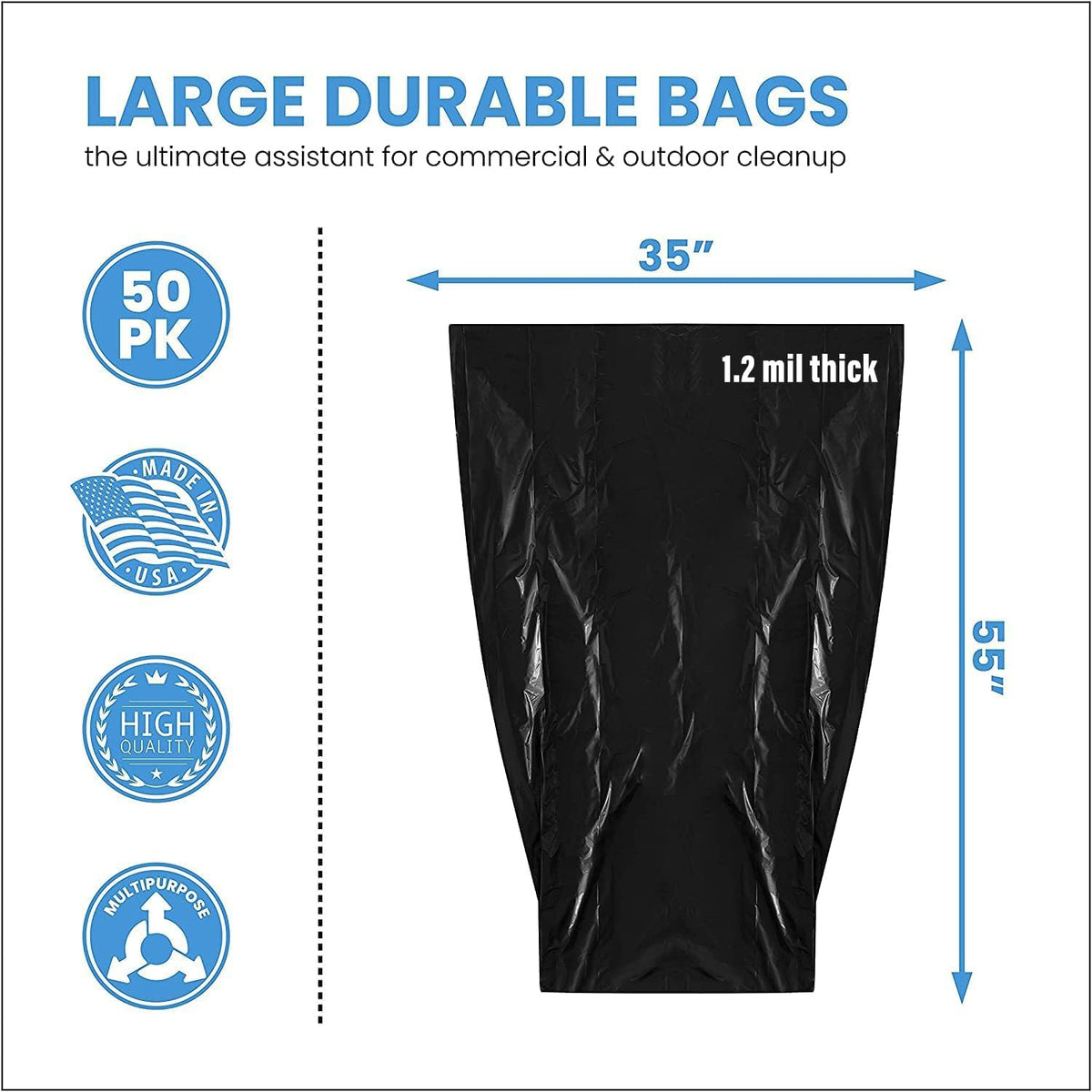 55 Gallon Heavy Duty Trash Bags, 50 Ct, Black, 1.2 Mil M9300