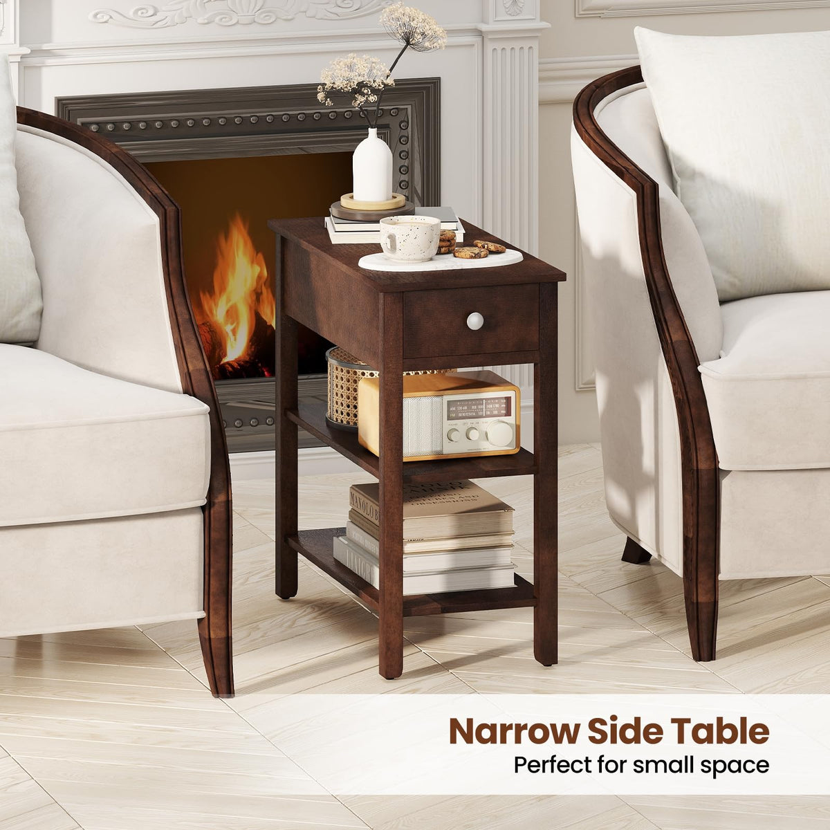Narrow End Table Set of 2 Wood 3-Tier A743285