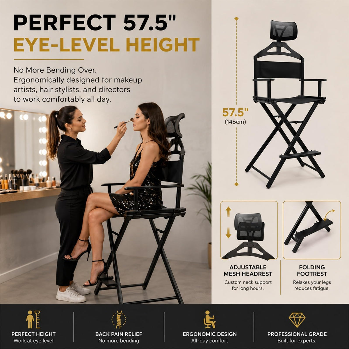 Tall Folding Directors Chair with Adjustable Headrest H2658