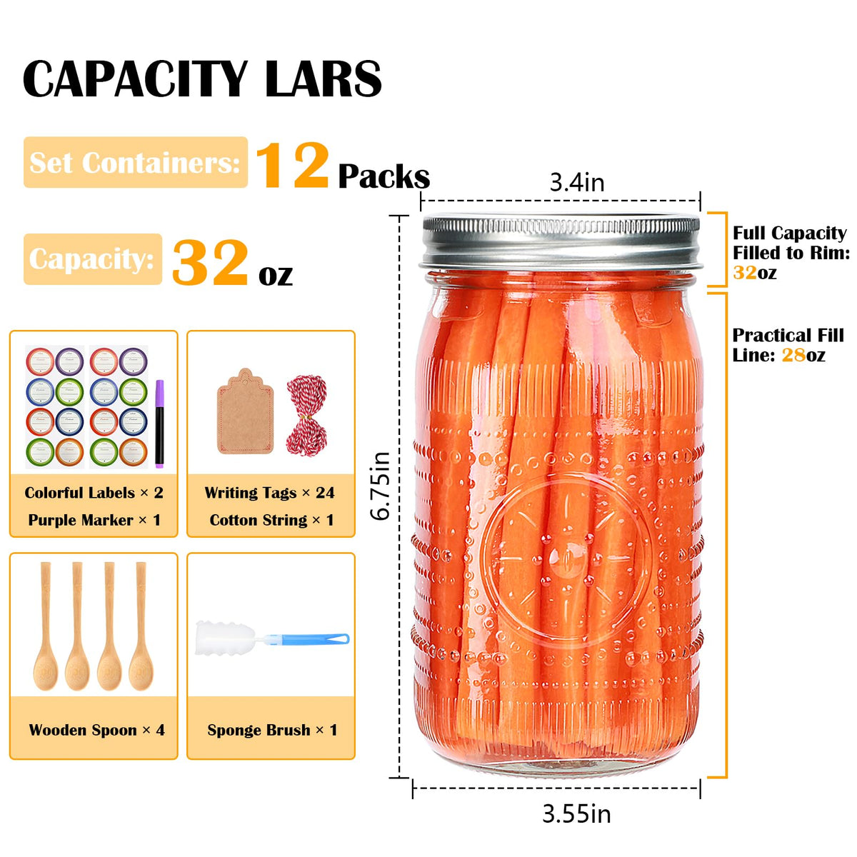 Wide Mouth Mason Jars with Lids 32oz 12 Pack I6347