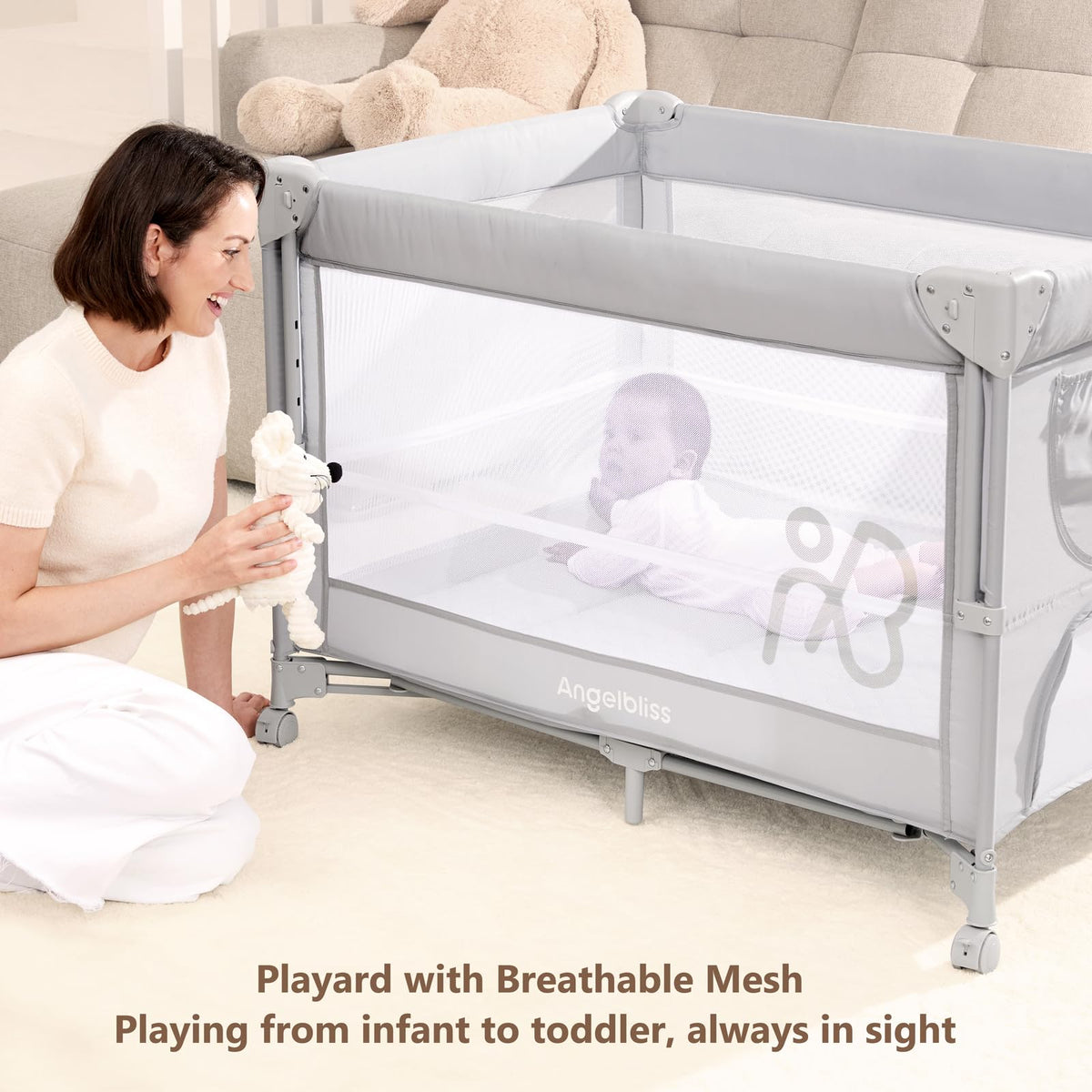 Pack and Play, Baby Bassinet Bedside Crib with Changer, Grey B934356