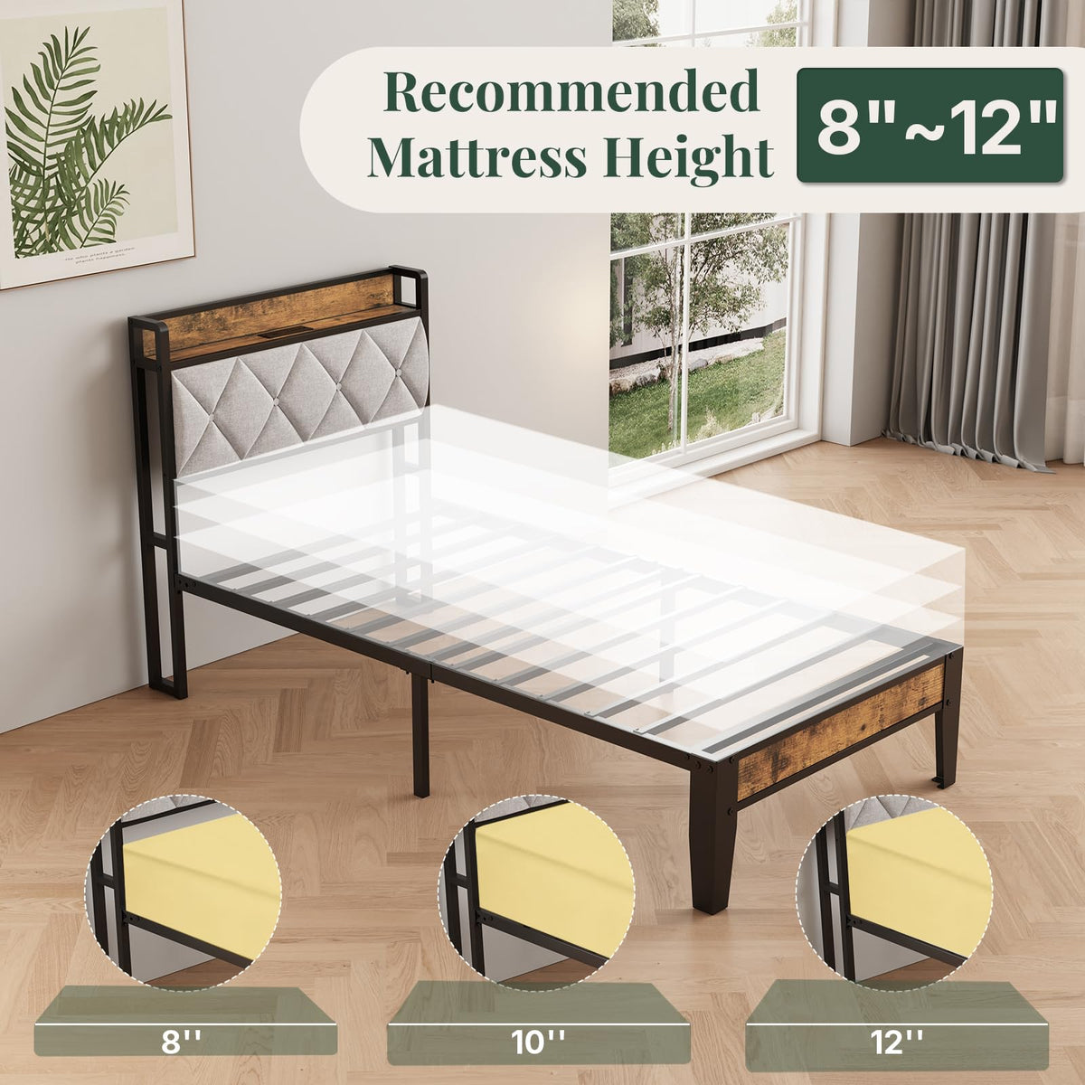 Twin Bed Frame with Headboard and Charging Plug C40542