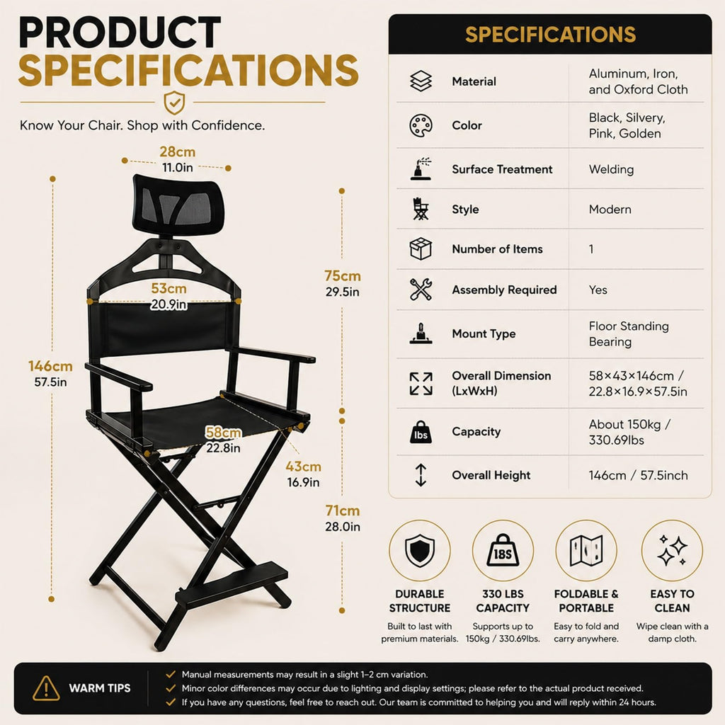 Tall Folding Directors Chair with Adjustable Headrest H2658