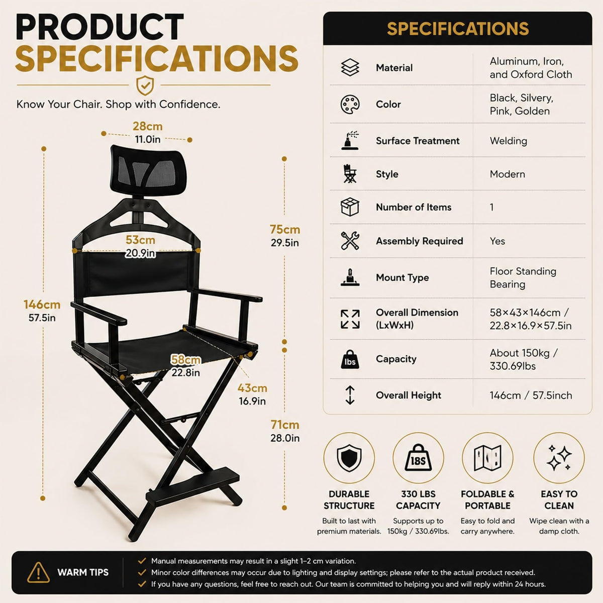 Tall Folding Directors Chair with Adjustable Headrest H2658