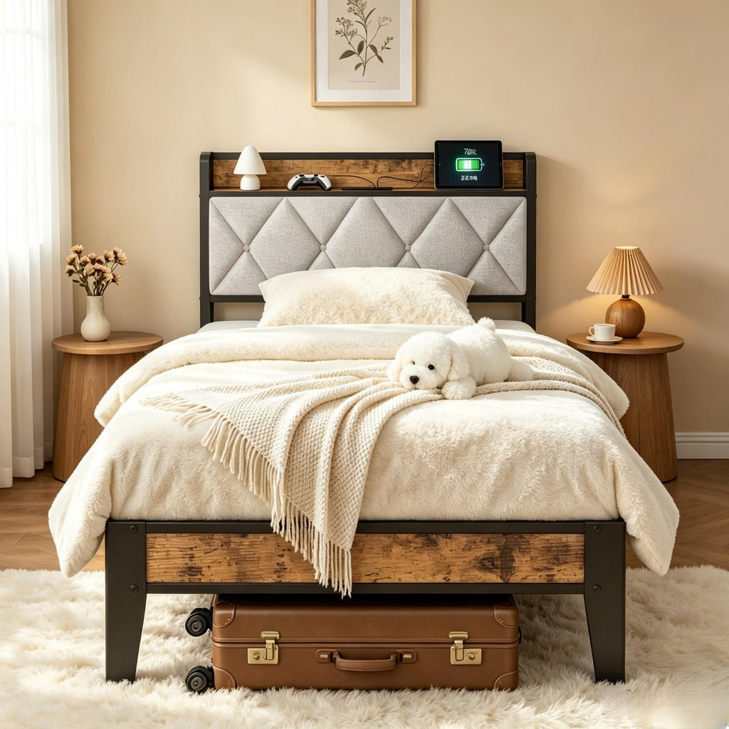 Twin Bed Frame with Headboard and Charging Plug C40542