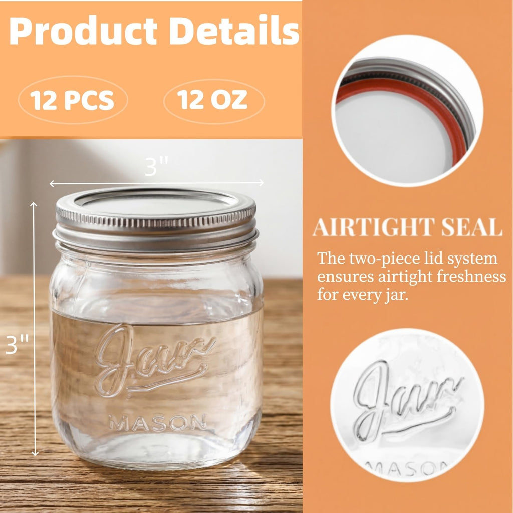 12 Pack 12 Oz Wide Mouth Airtight Glass Mason Jars P857