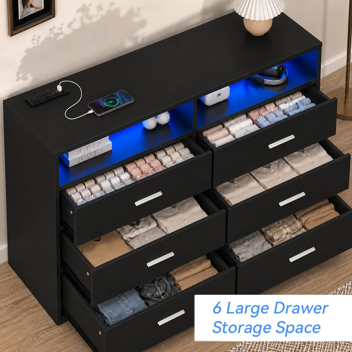 Black 6 Drawer Wood Dresser with Power Outlets B21583