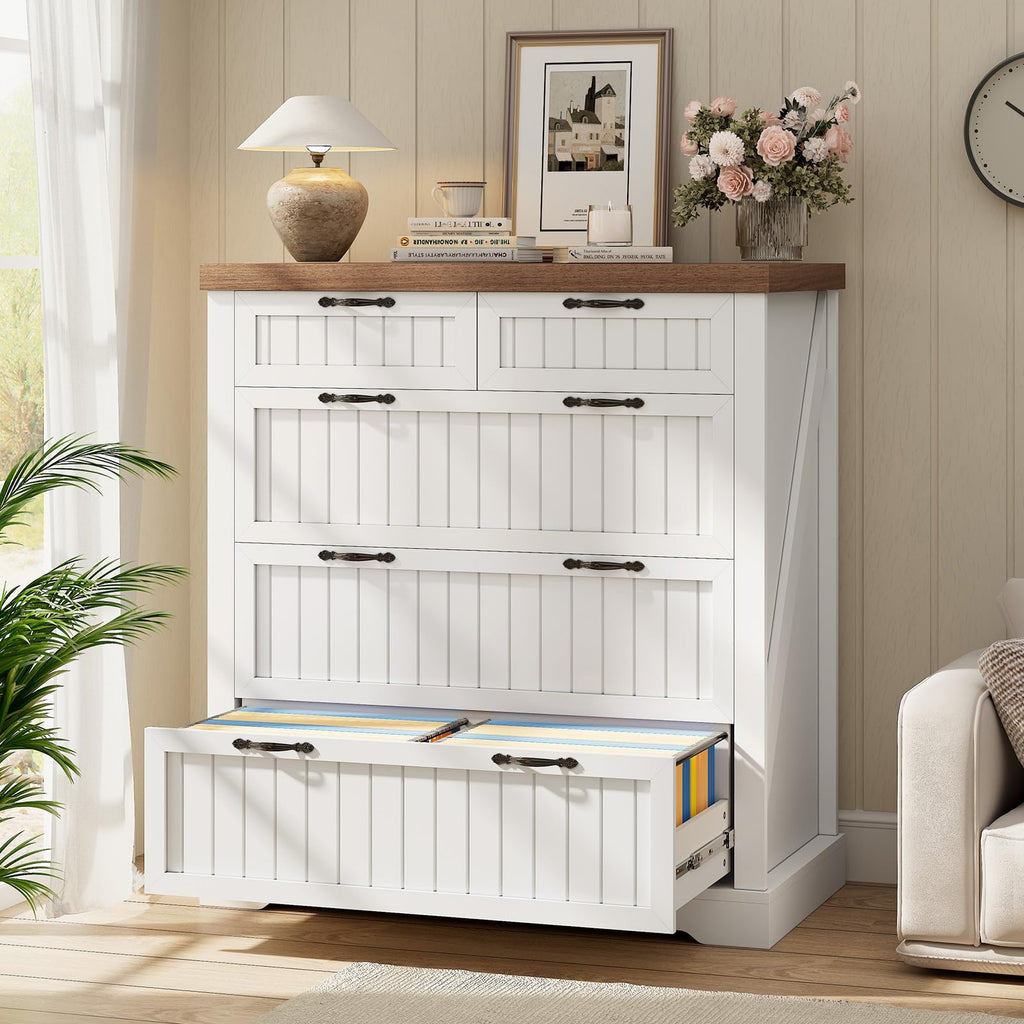 White and Brown 5 Drawer Wood File Cabinet N75749