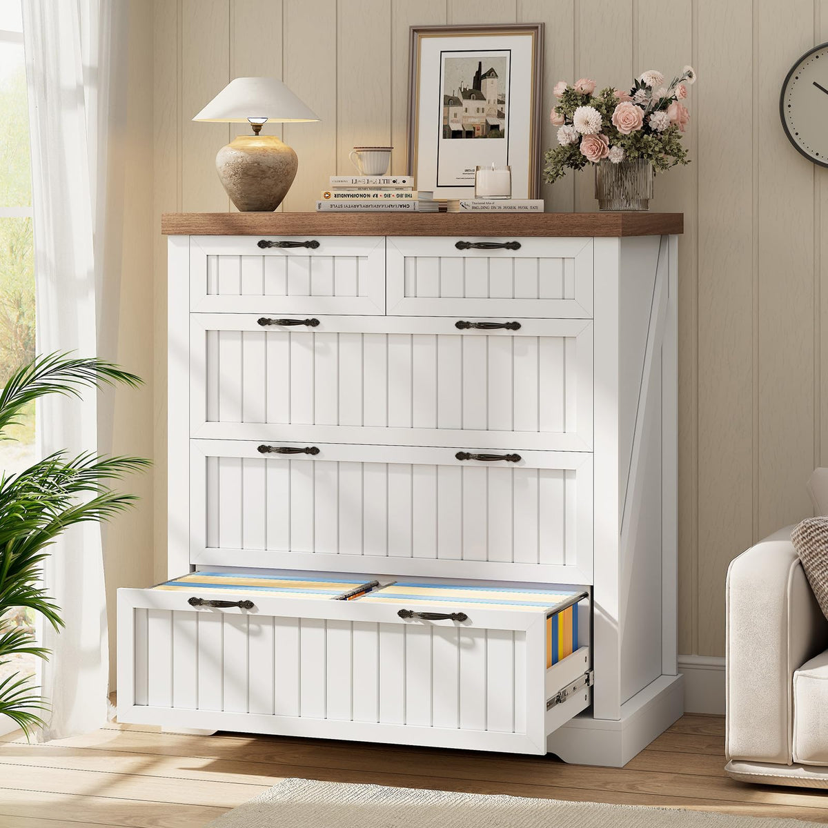 White and Brown 5 Drawer Wood File Cabinet N75749