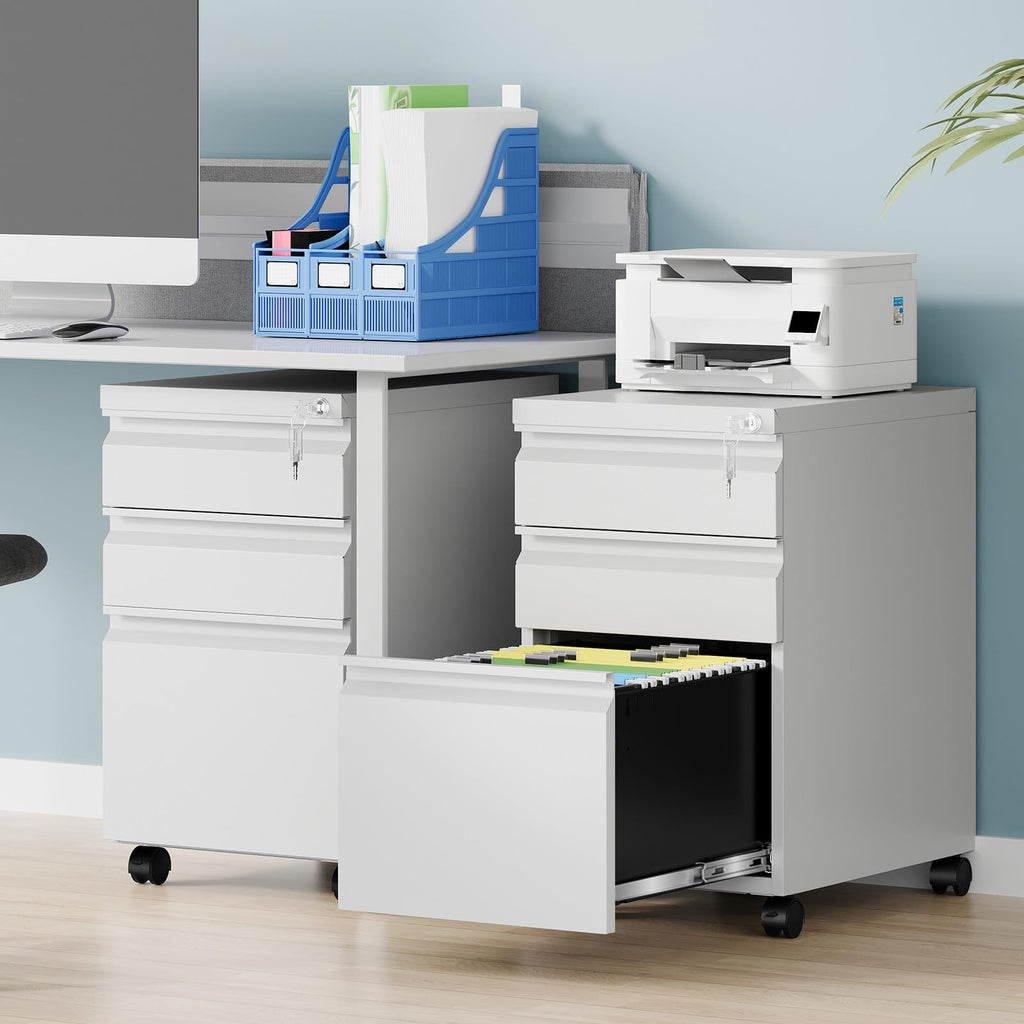 3 Drawer White Metal Mobile File Cabinet with Lock O854