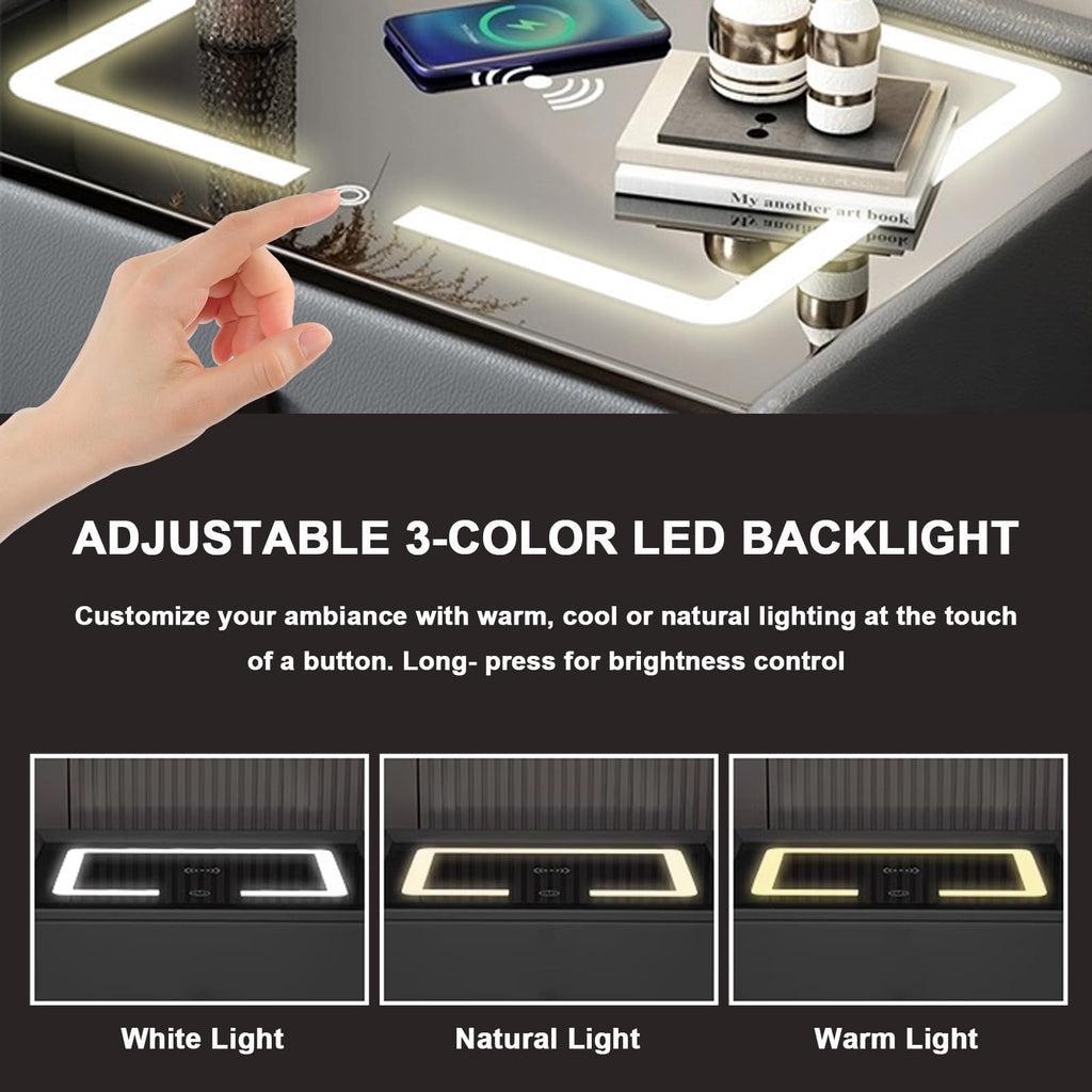 White 3 Drawer Smart Nightstand with Wireless Charging and LED Lights C14697