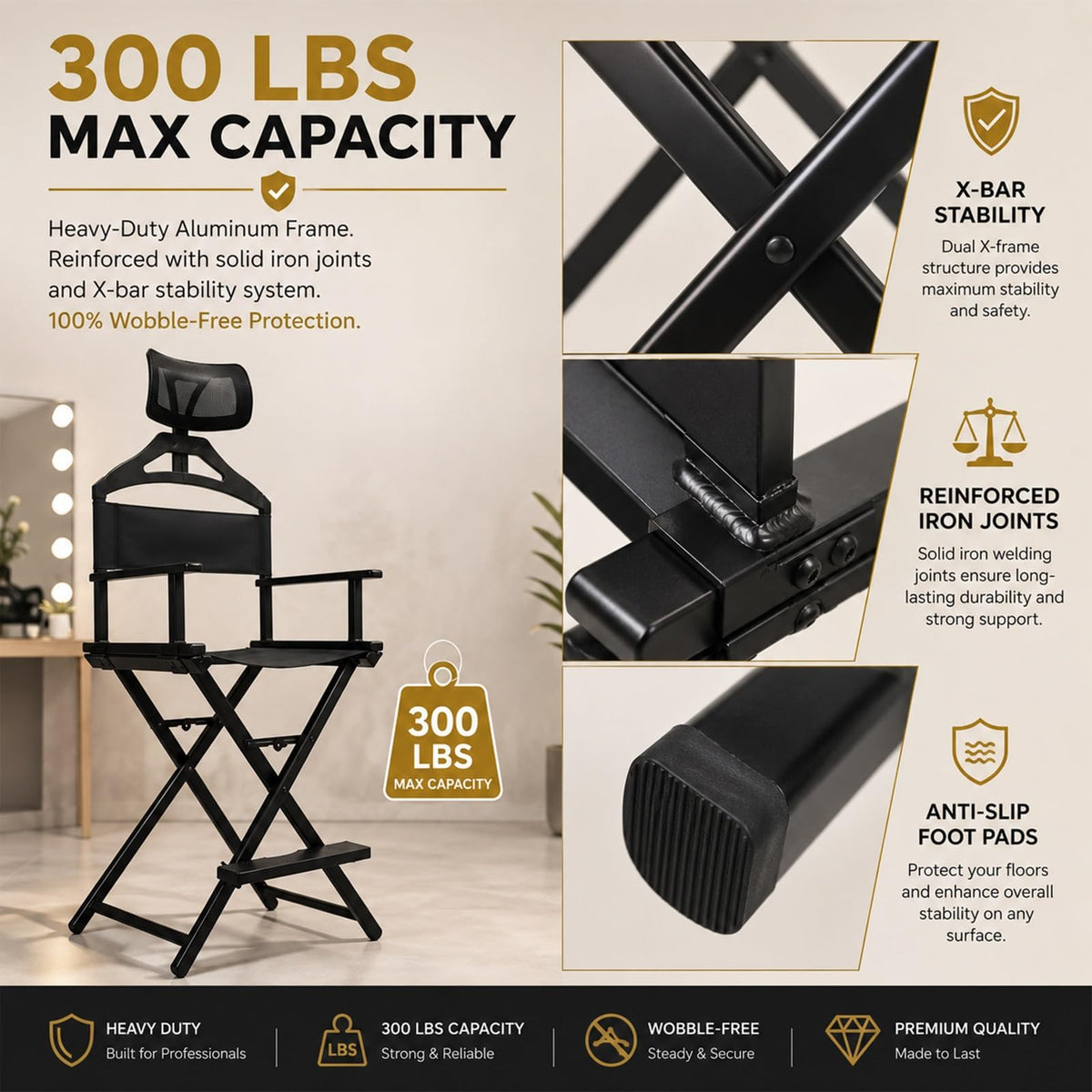 Tall Folding Directors Chair with Adjustable Headrest H2658