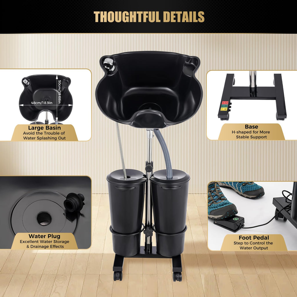 Portable Shampoo Bowl with Electric Pump, Adjustable Height Hair Washing Station with 2 Bucket O475