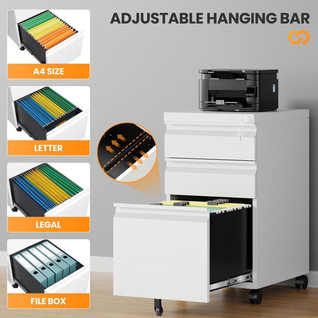 3 Drawer White Metal Mobile File Cabinet with Lock O854