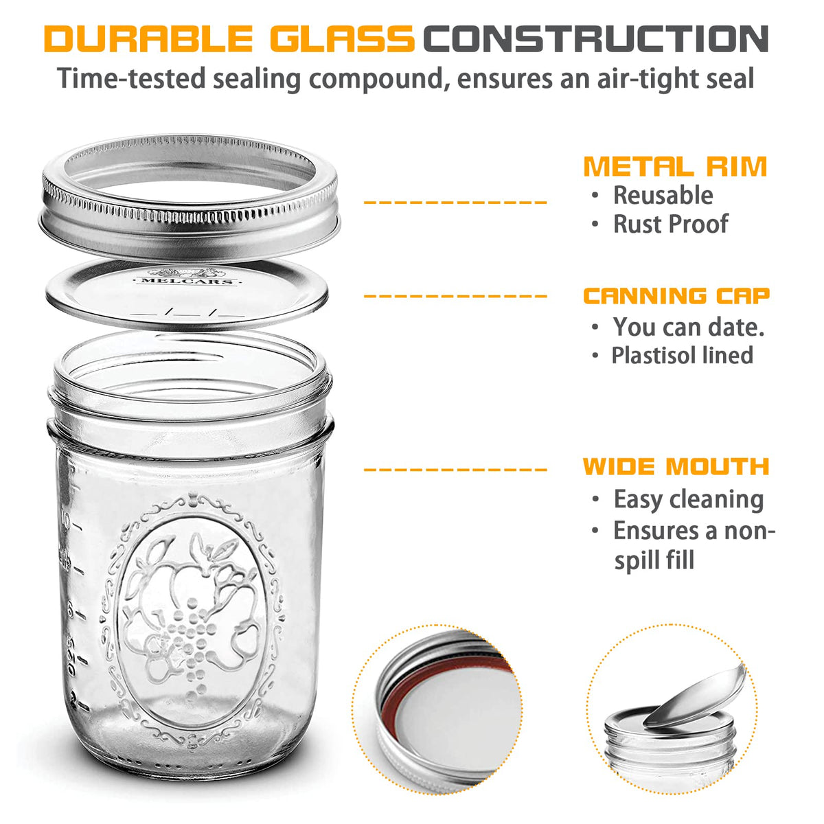 16 oz 6 Pack Wide Mouth Glass Mason Jars with Airtight Lids Y172439