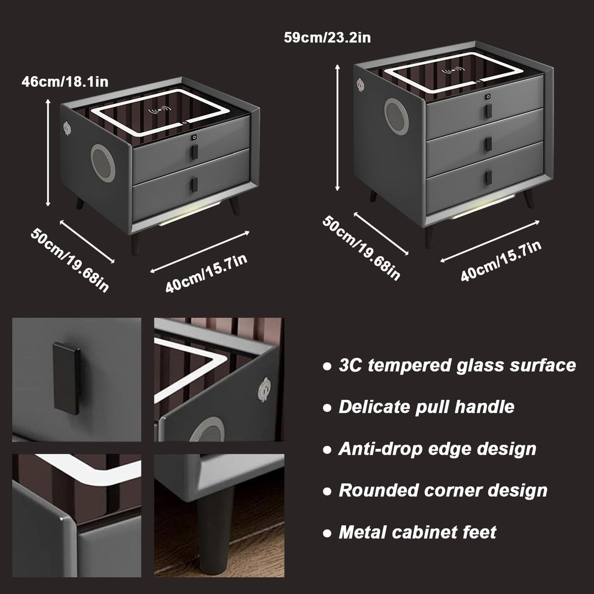White 3 Drawer Smart Nightstand with Wireless Charging and LED Lights C14697