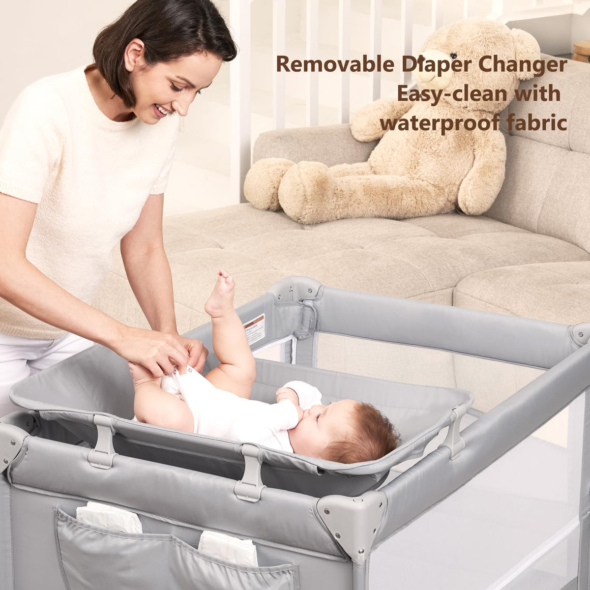 Pack and Play, Baby Bassinet Bedside Crib with Changer, Grey B934356