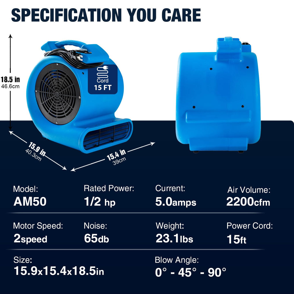 2200 CFM 1/2 HP Commercial Air Mover Floor Drying Fan H1317