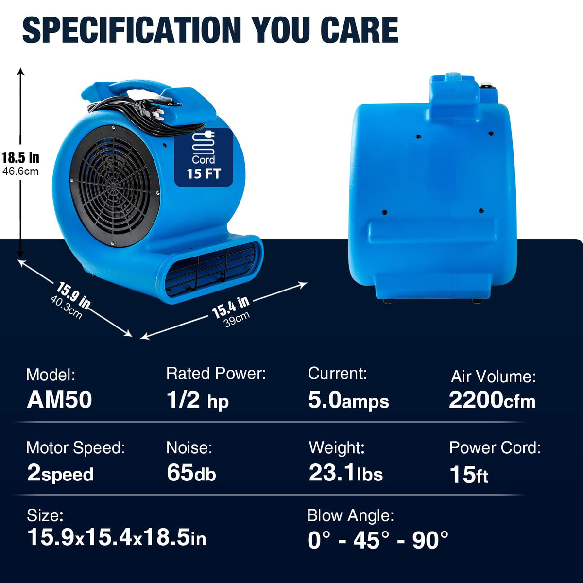 2200 CFM 1/2 HP Commercial Air Mover Floor Drying Fan H1317