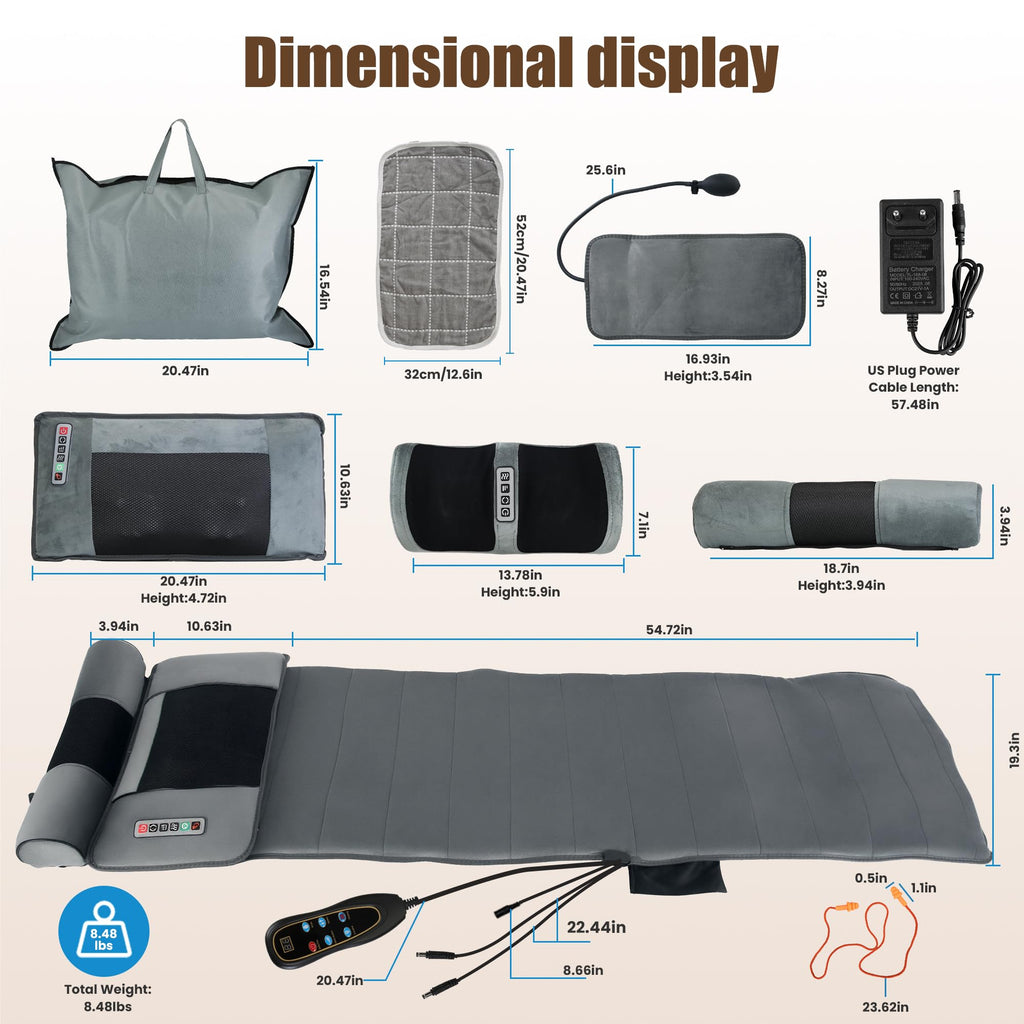 Full Body Massage Mat with Heat, 10 Vibrating Nodes, 9 Modes, 3 Heating Levels, Detachable Neck Foot Massager X602814