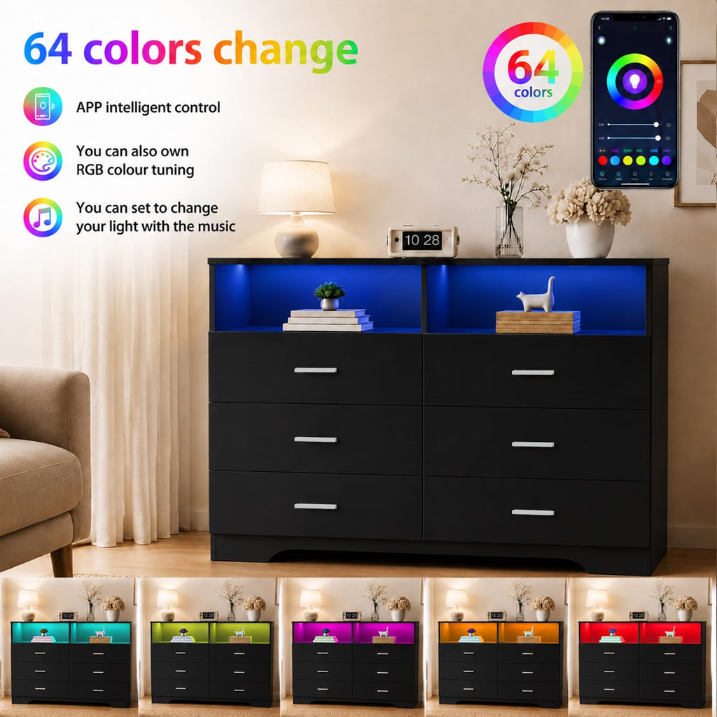 Black 6 Drawer Wood Dresser with Power Outlets B21583