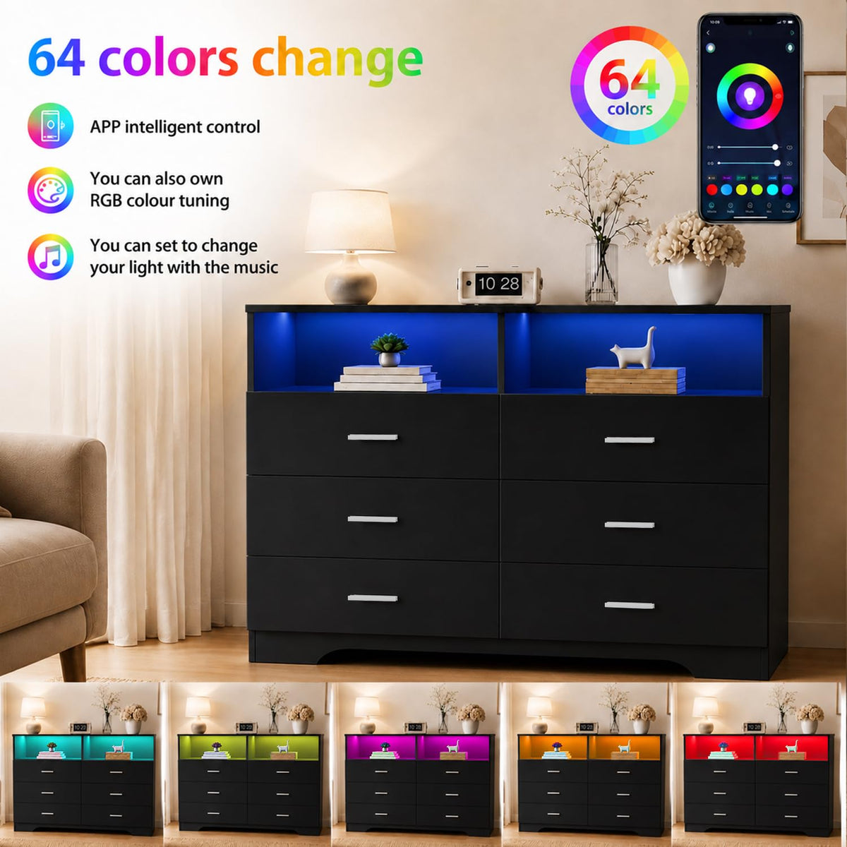 Black 6 Drawer Wood Dresser with Power Outlets B21583
