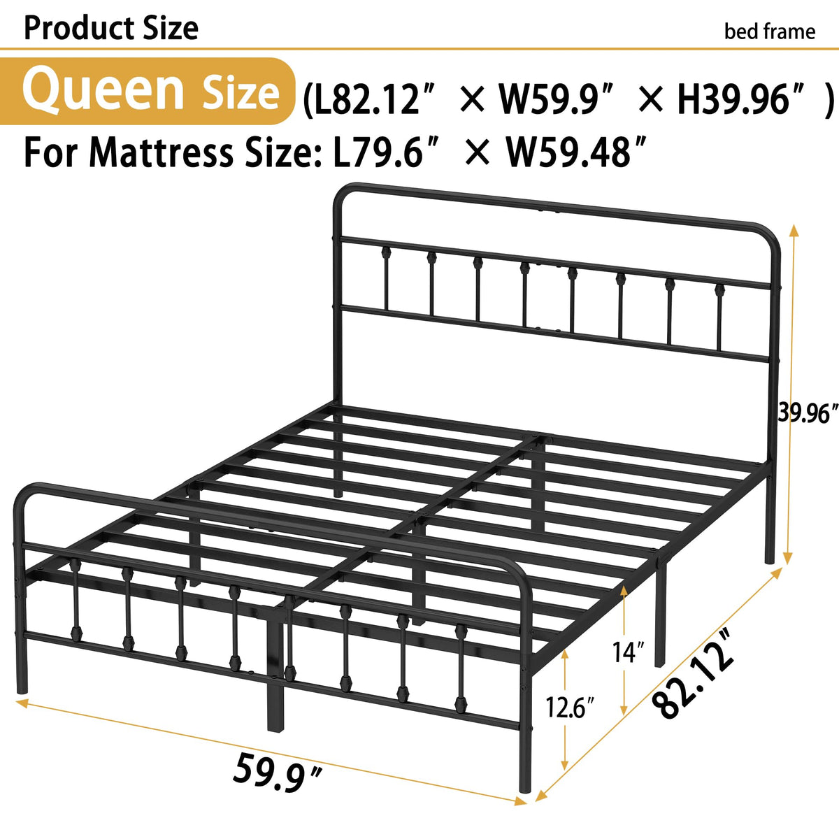 Queen Metal Bed Frame with Victorian Headboard & Footboard X5103
