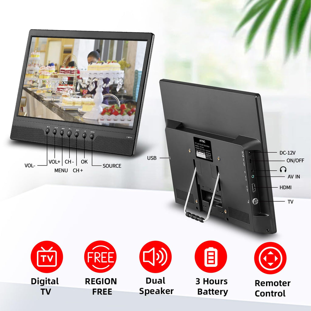 14 Inch Portable TV with Rechargeable Battery, ATSC Tuner, USB/HDMI/AV, 12 Volt K26117