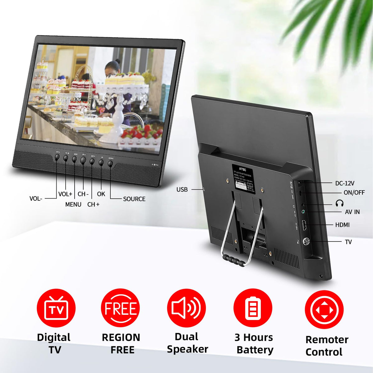 14 Inch Portable TV with Rechargeable Battery, ATSC Tuner, USB/HDMI/AV, 12 Volt K26117