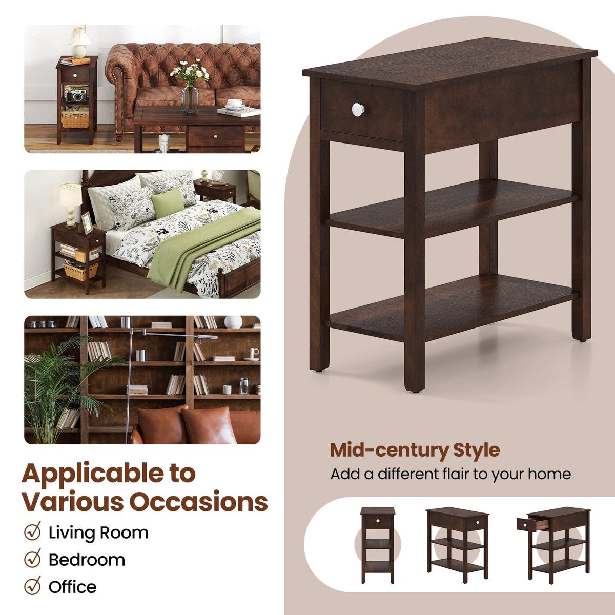 Narrow End Table Set of 2 Wood 3-Tier A743285