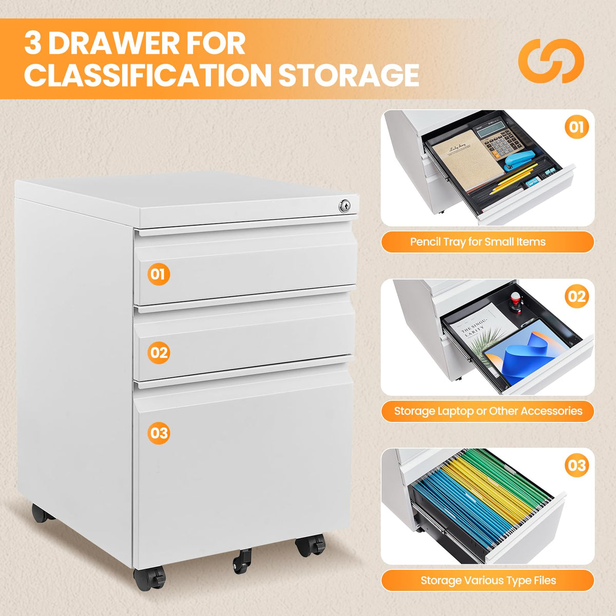 3 Drawer White Metal Mobile File Cabinet with Lock O854