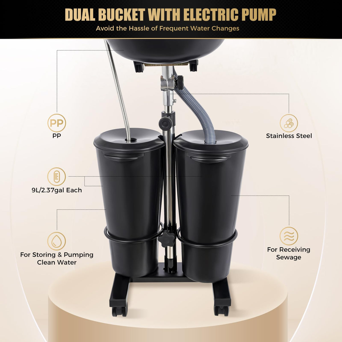 Portable Shampoo Bowl with Electric Pump, Adjustable Height Hair Washing Station with 2 Bucket O475